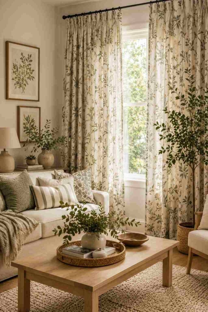  Living room with botanical patterned curtains, neutral furniture, plants, and soft natural colors.
