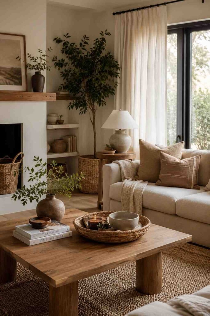  Modern organic living room with cream curtains, natural wood furniture, beige sofa, and green plants.
