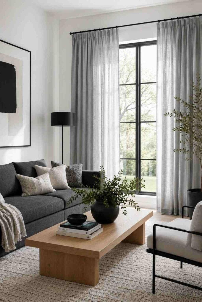  Modern minimalist living room with light gray curtains, charcoal sofa, white walls, and pale wood furniture.
