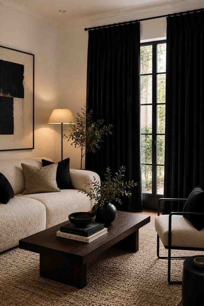  Bold modern living room with black curtains, cream sofa, dark wood furniture, and warm lighting.
