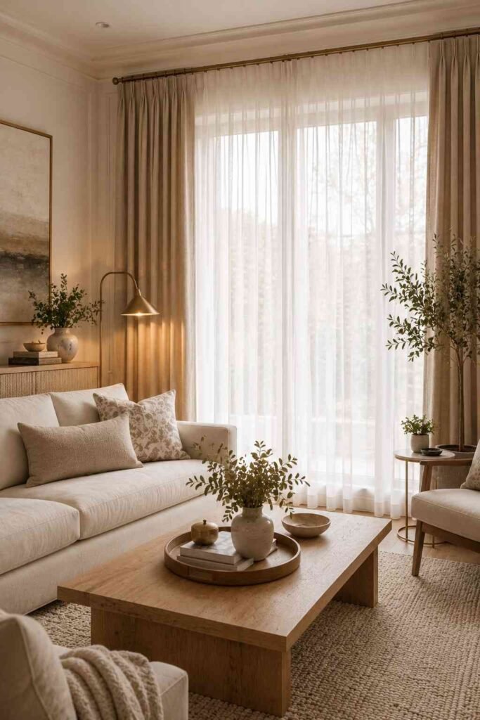 Elegant living room with layered white sheer and beige curtains, cream sofa, and natural wood furniture.
