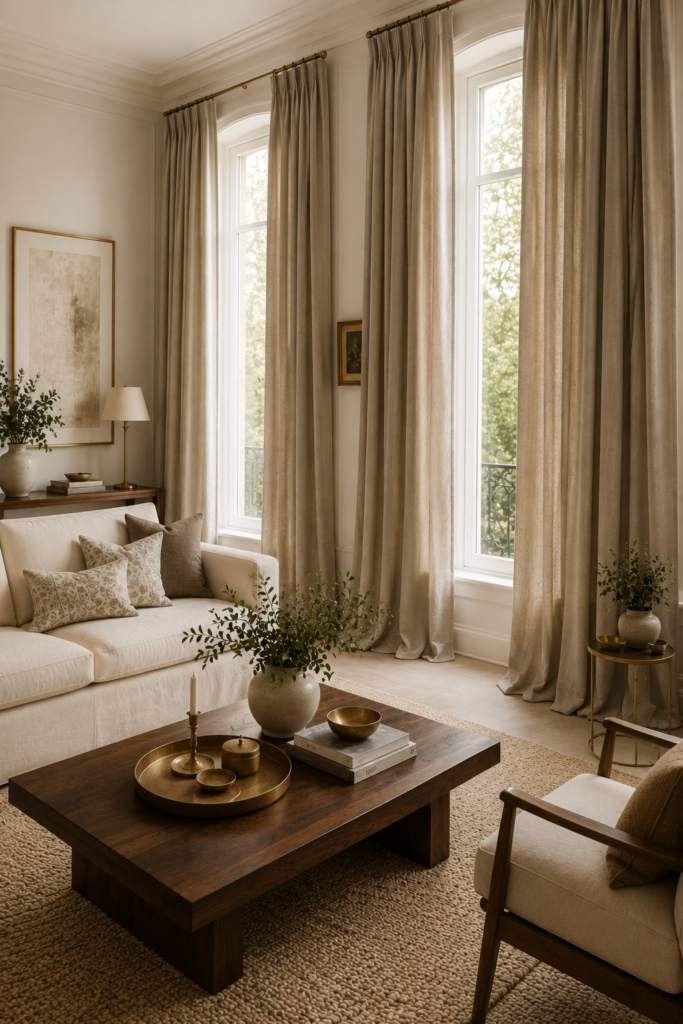  Elegant living room with long greige curtains, cream sofa, walnut table, and neutral textured decor.
