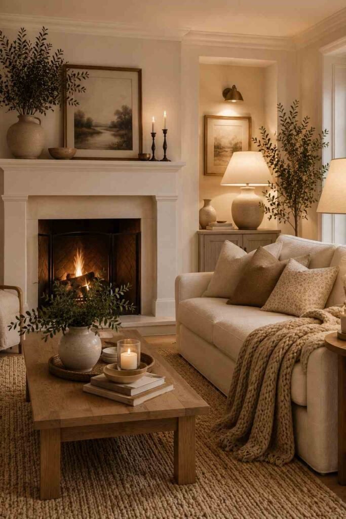 Neutral living room with fireplace, cream sofa, beige rug, and natural wood accents.