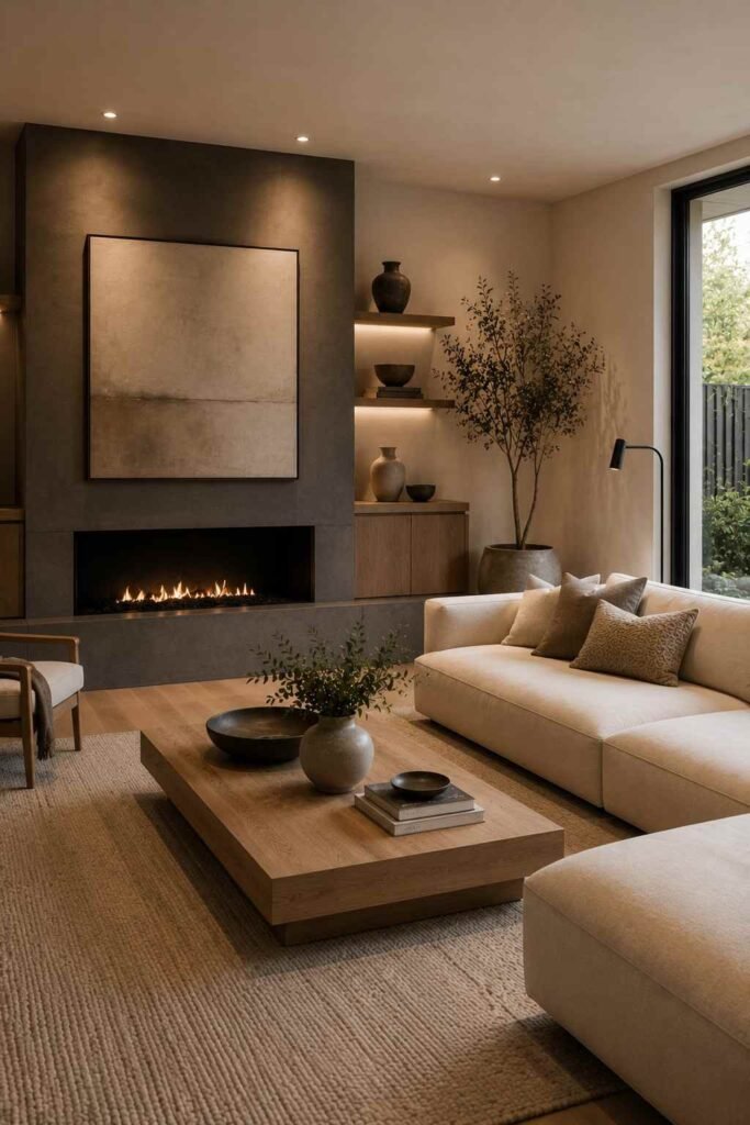 Modern living room with sleek fireplace, cream sofa, oak table, and minimalist decor.