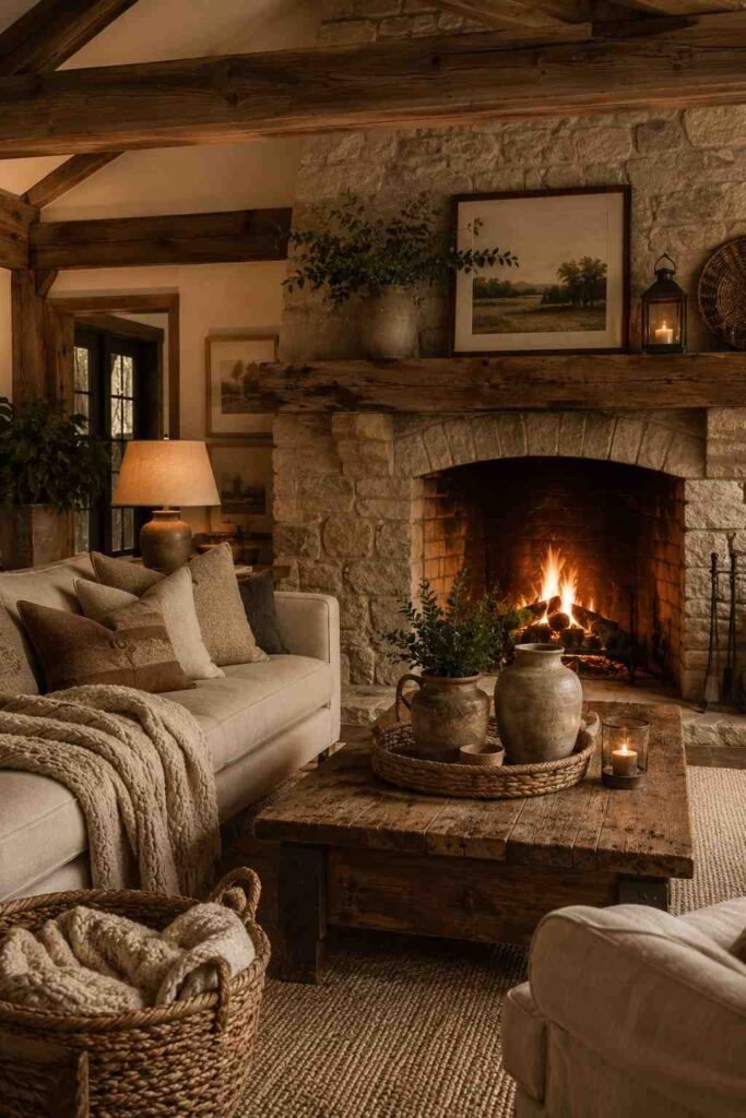 Rustic living room with stone fireplace, reclaimed wood mantel, and cozy natural textures.