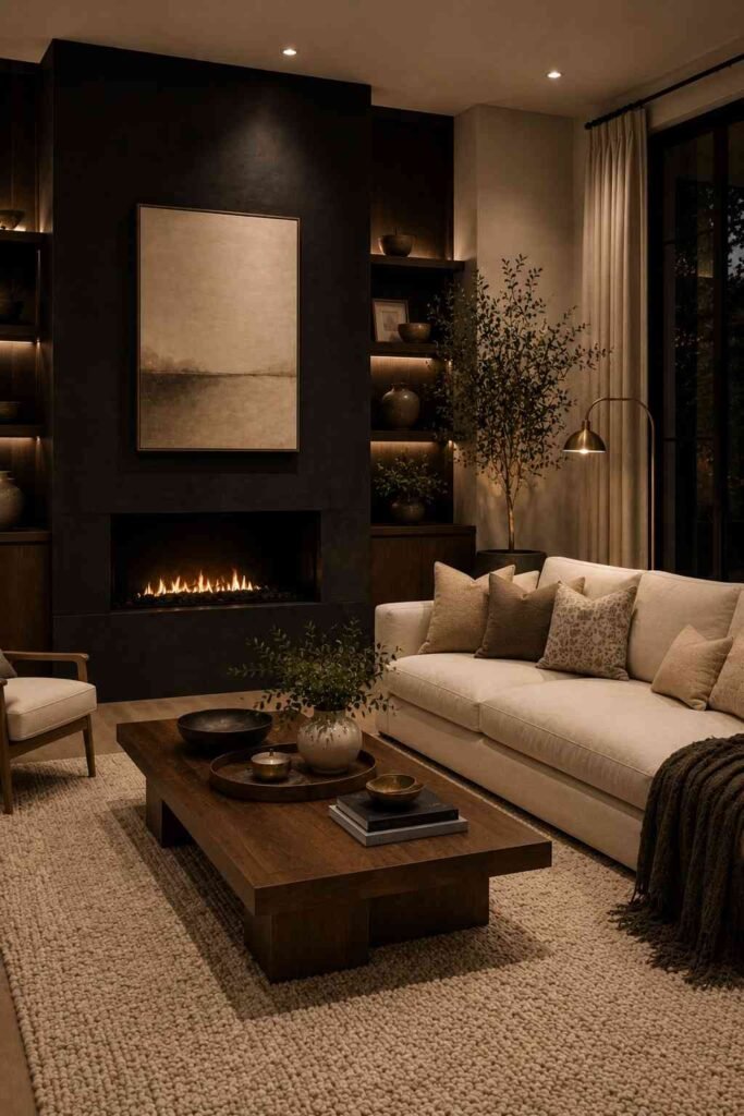 Dark fireplace living room with cream sofa, warm wood, and elegant brass accents.