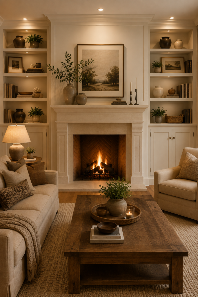 Living room fireplace with built-in shelves decorated with books, plants, and artwork.