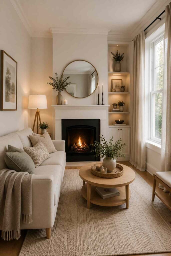Small living room with fireplace, compact sofa, light colors, and space-saving furniture.