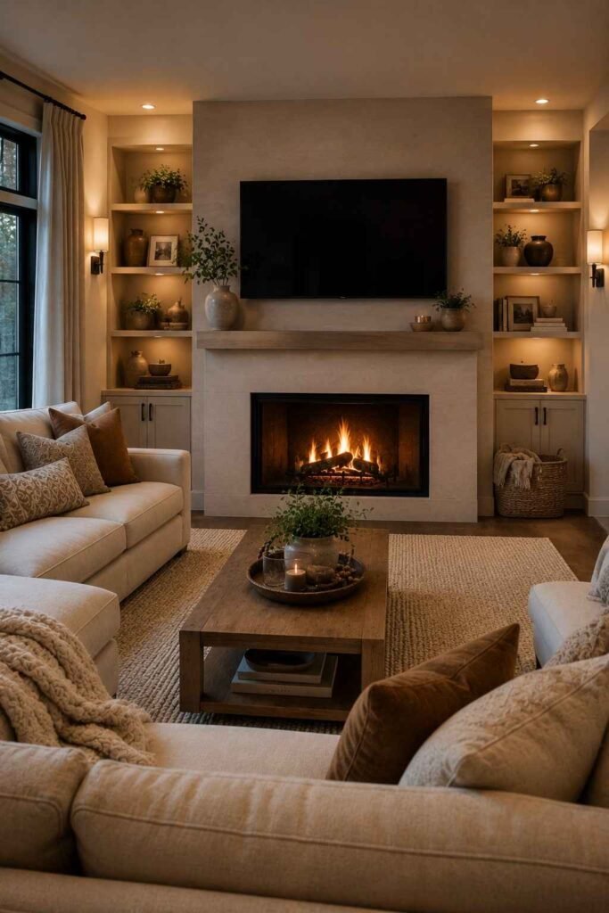 Modern living room with fireplace and TV above it, beige sectional, and warm decor.