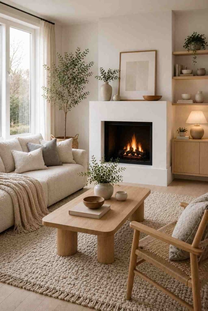 Scandinavian living room with white fireplace, pale wood furniture, and cozy neutral textures.