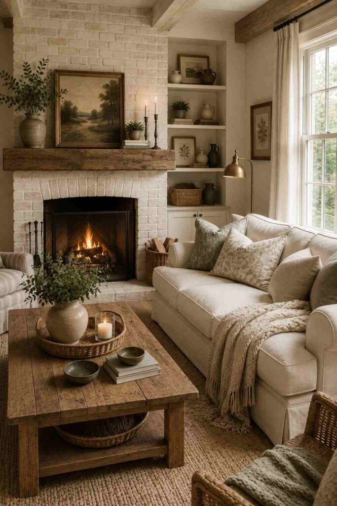 Farmhouse living room with white brick fireplace, wooden mantel, linen sofa, and woven baskets.