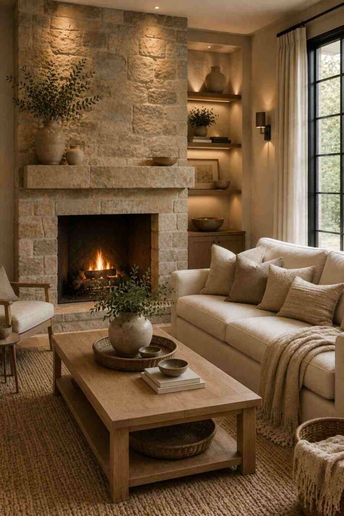 Living room with stone fireplace surround, cream sofa, oak table, and earthy decor.