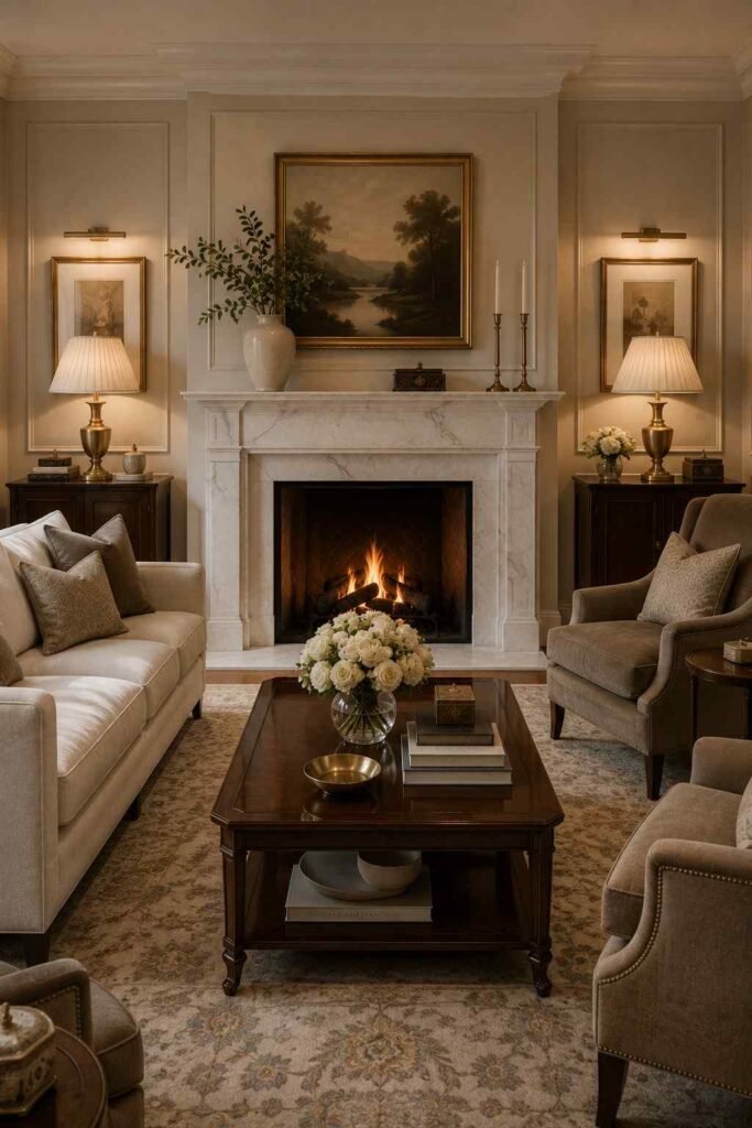 Elegant living room with marble fireplace, velvet sofa, brass lamps, and classic decor.