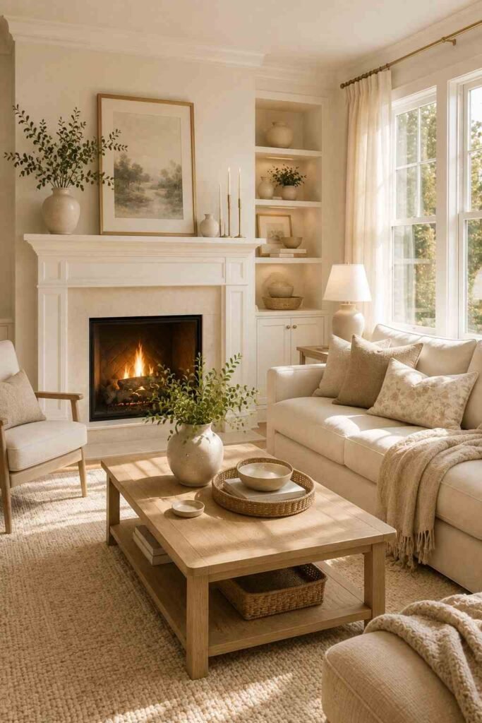 Bright living room with white fireplace, beige furniture, light wood, and soft decor.