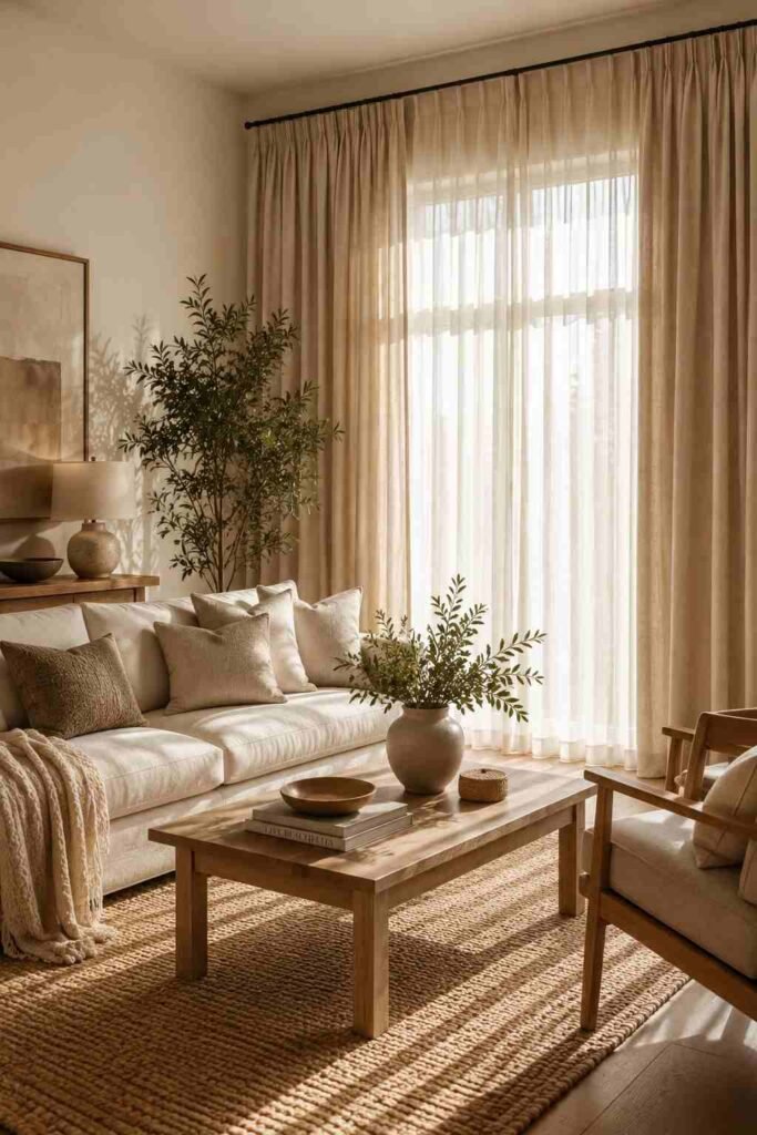  Warm living room featuring floor-to-ceiling beige curtains, cream furniture, and natural wood accents.

