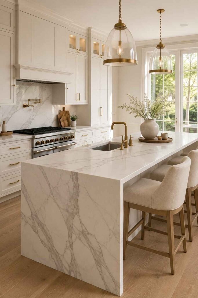 Elegant marble waterfall island kitchen with white cabinetry and brass accents.