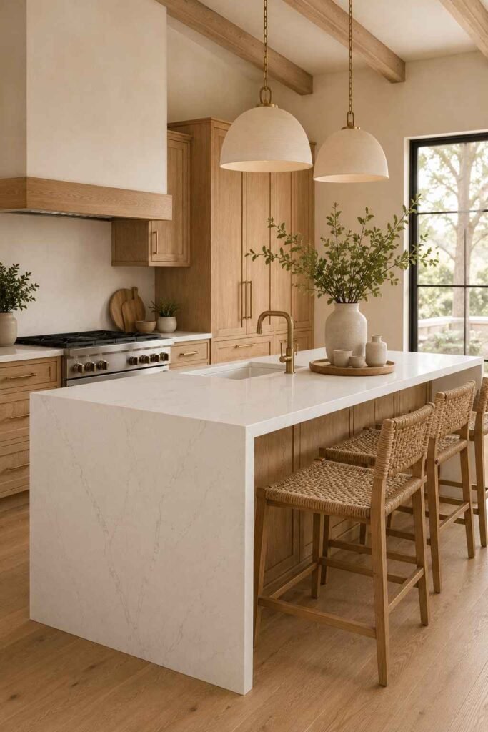 Warm wood and white waterfall island kitchen with natural oak cabinets.
