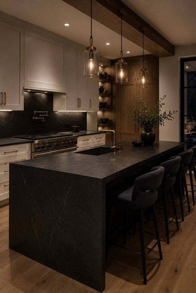 Dark stone waterfall island kitchen with contrasting light cabinets and warm wood accents.