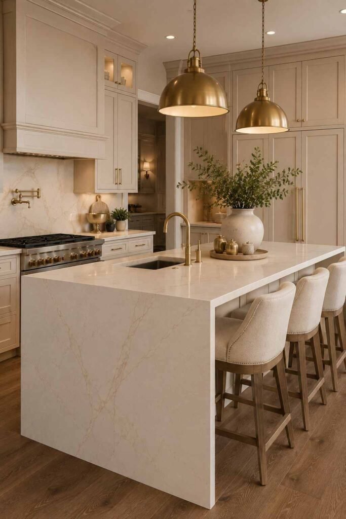 Luxury waterfall island kitchen with creamy stone and elegant brass details.