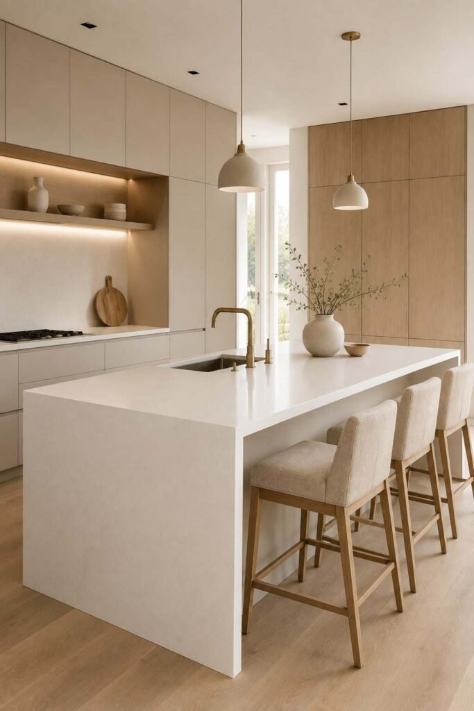 Minimalist waterfall island kitchen with sleek white surfaces and handleless cabinetry.