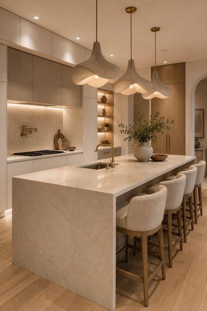 Waterfall island kitchen with dramatic statement pendant lights above the island.