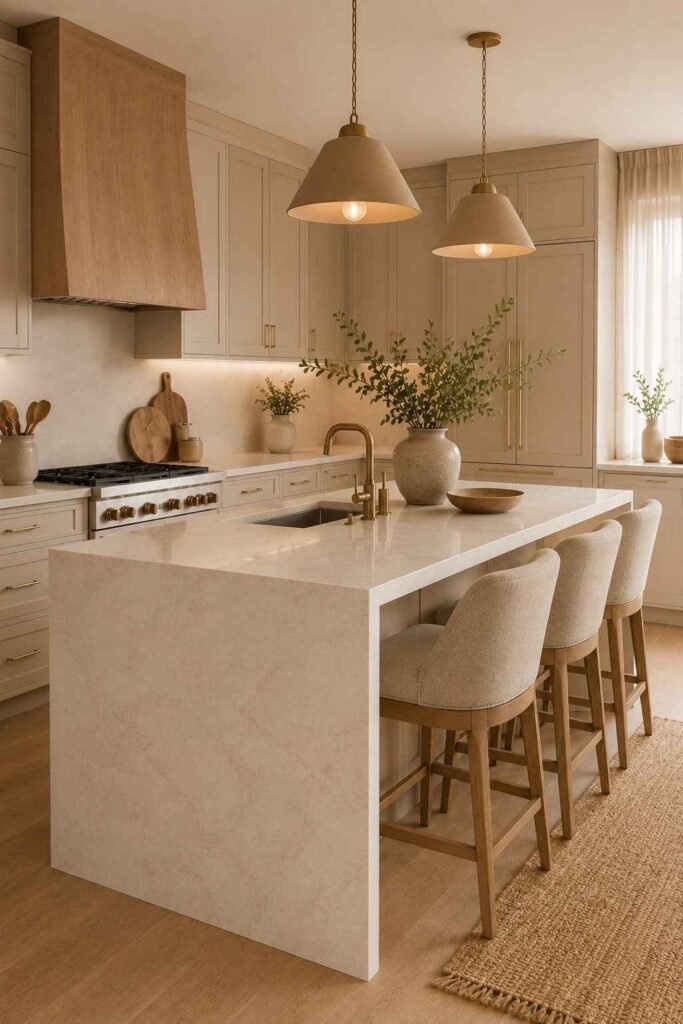 Cozy neutral waterfall island kitchen with beige cabinetry and oak accents.
