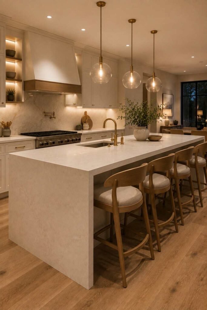 Waterfall island kitchen with comfortable wood stools and integrated seating area.