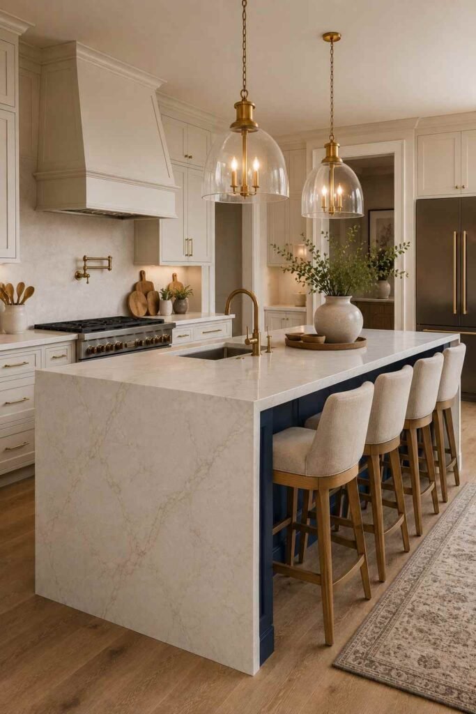 Two-tone waterfall island kitchen with navy cabinetry, white cabinets, and brass accents.