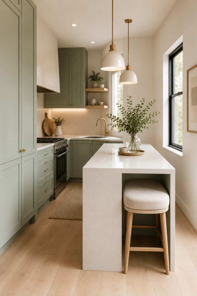 Small waterfall island kitchen with slim island, sage cabinets, and compact seating.