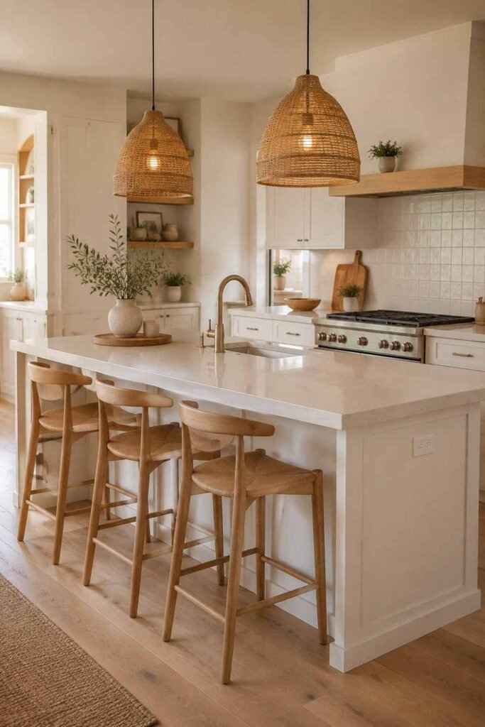 Natural wood bar stools around a white kitchen island