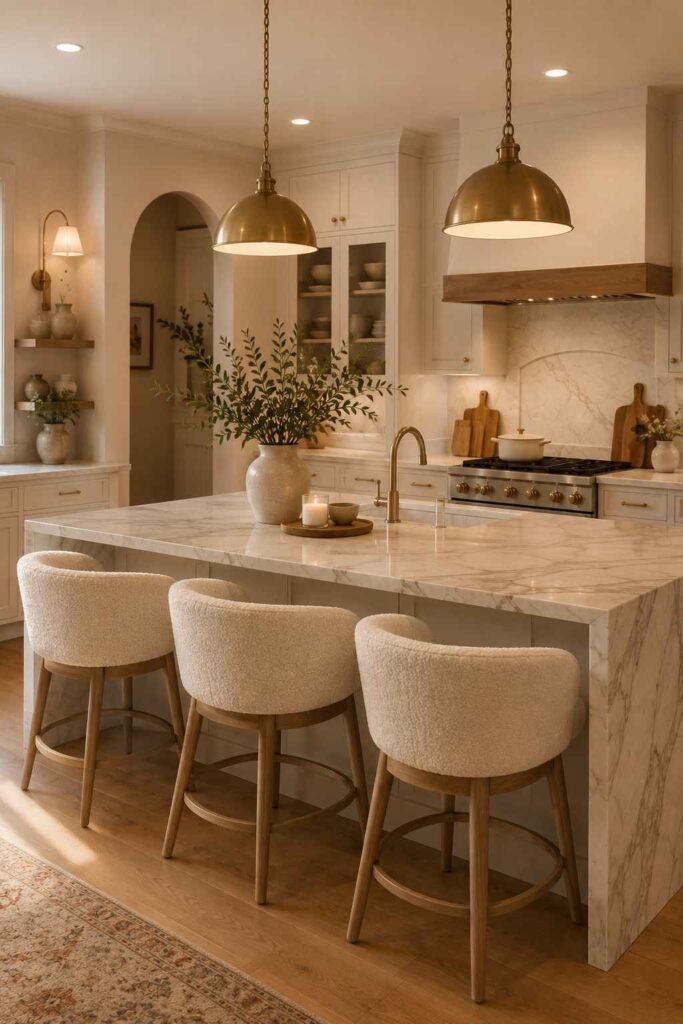Cream upholstered bar stools creating a cozy kitchen island seating area