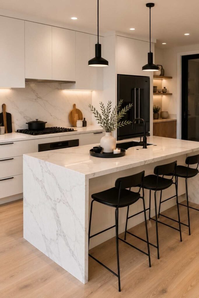 Black metal bar stools contrasting with a white modern kitchen island