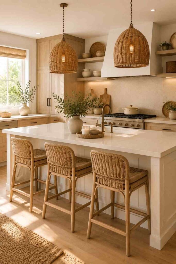 Woven rattan stools around a relaxed neutral kitchen island