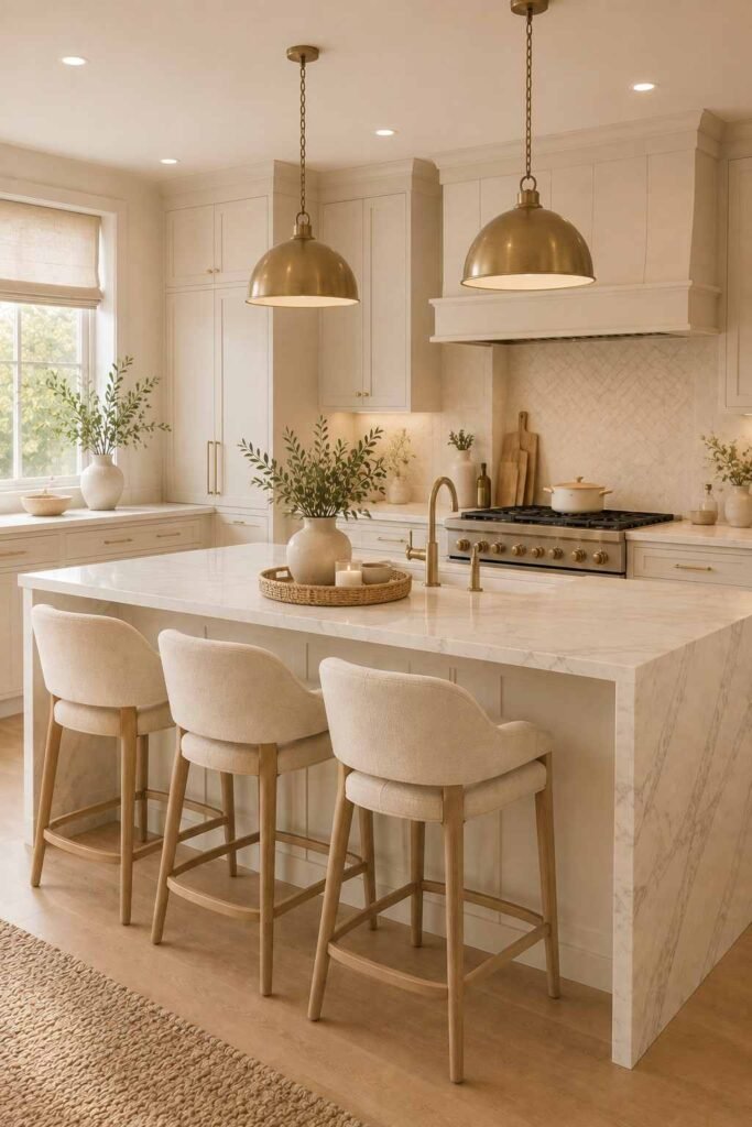 Cream bar stools around a bright neutral kitchen island