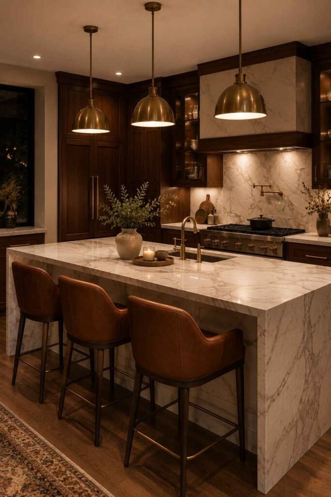 Cognac leather bar stools adding luxury to a marble kitchen island