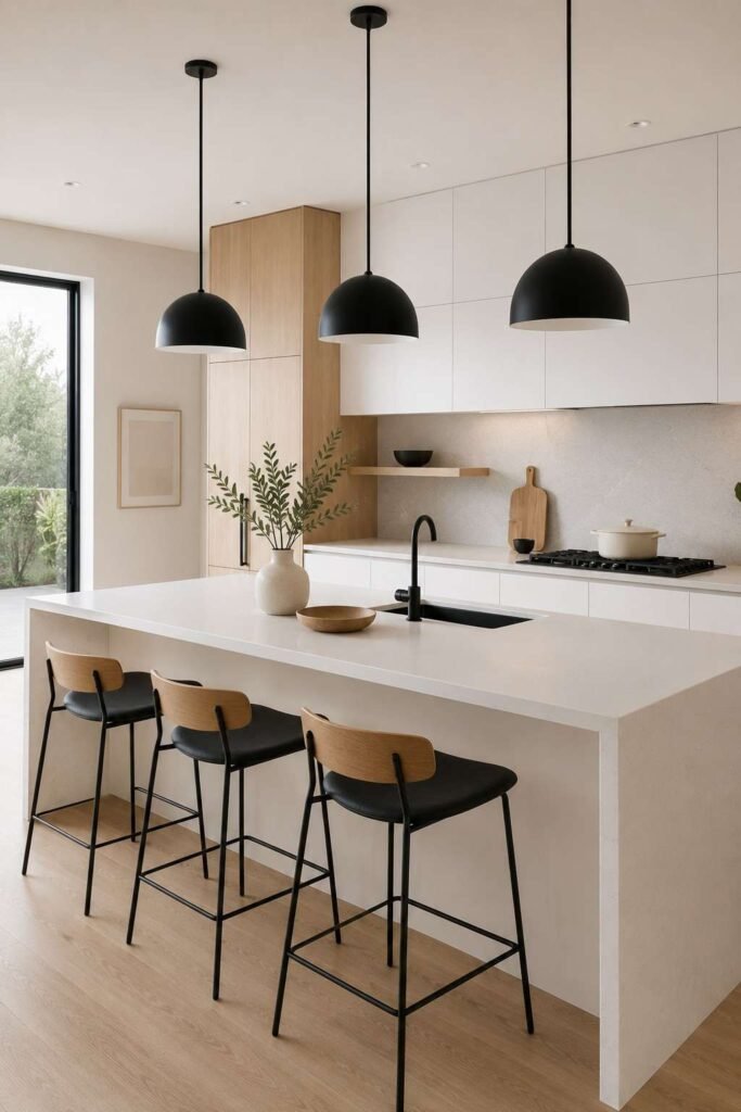 Minimalist bar stools arranged around a clean modern kitchen island