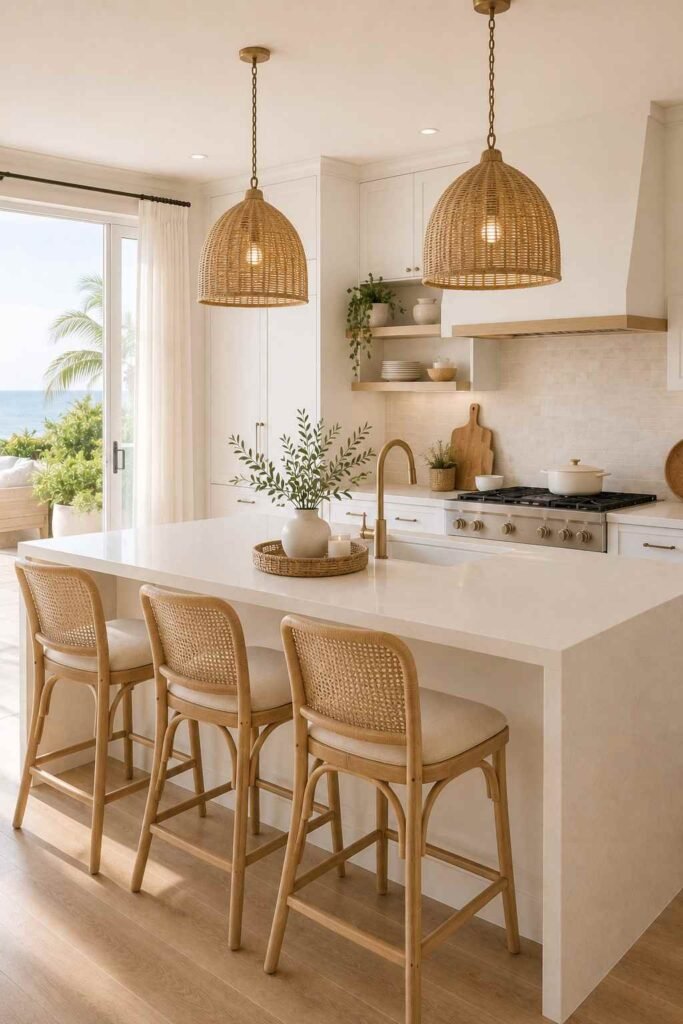 Natural cane bar stools in an airy coastal kitchen