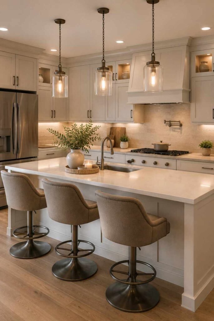 Comfortable swivel bar stools around a contemporary kitchen island