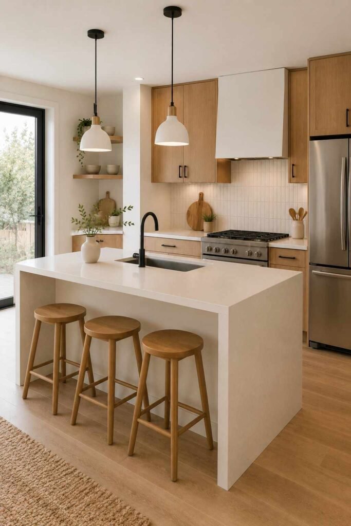 Backless wooden stools tucked beneath a sleek kitchen island