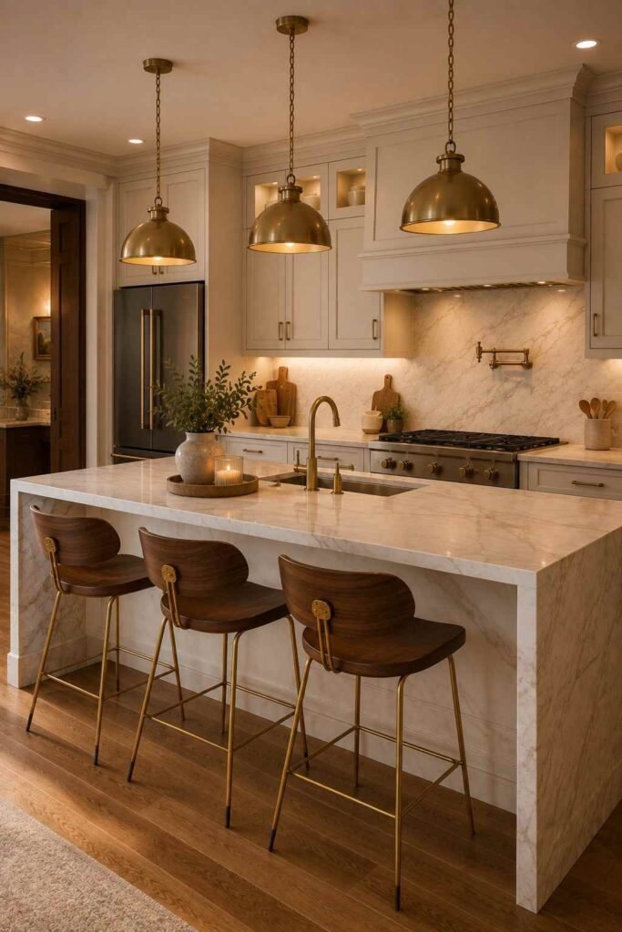 Walnut and brass bar stools adding elegance to a marble kitchen island