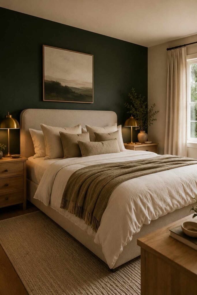 Dark green accent wall behind a cream upholstered bed with warm wood furniture and brass lighting.