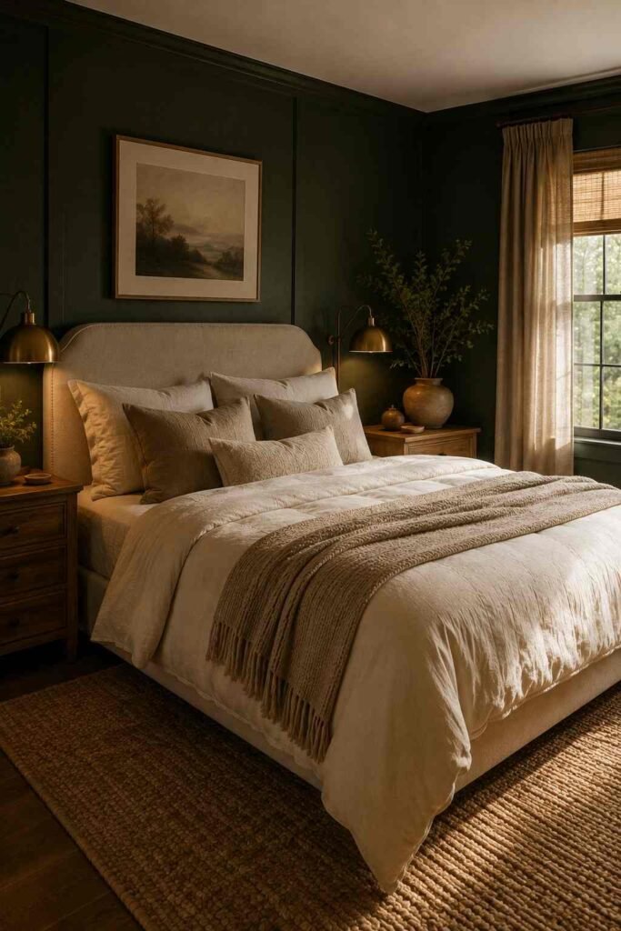 Dark green bedroom with soft cream bedding, beige pillows, warm wood nightstands, and brass lamps.