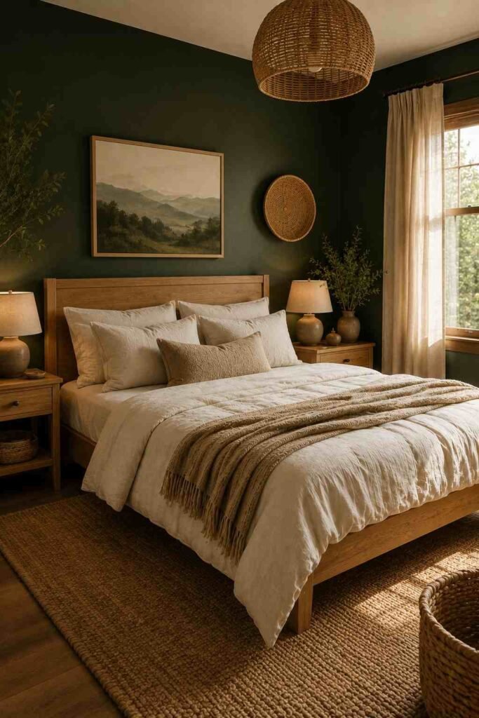 Dark green bedroom with natural wood furniture, cream bedding, woven baskets, and earthy textures.