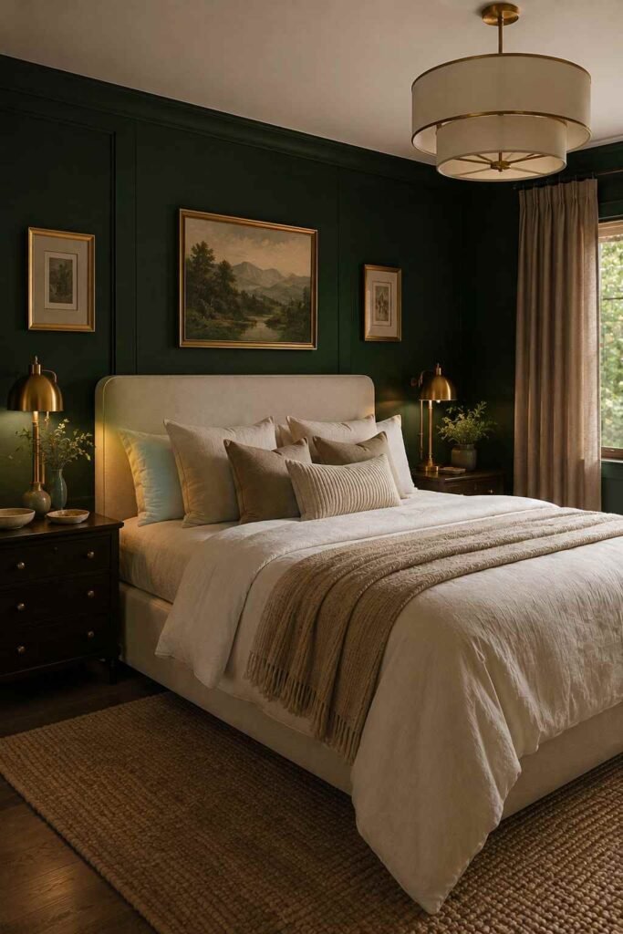 Elegant dark green bedroom decorated with brass lamps, brass accents, cream bedding, and warm neutral tones.