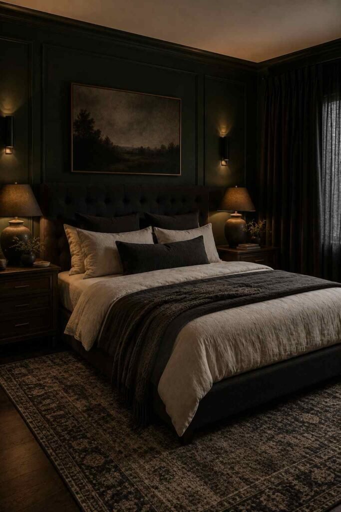 Moody dark green bedroom with charcoal bedding, dark wood furniture, and warm layered lighting.