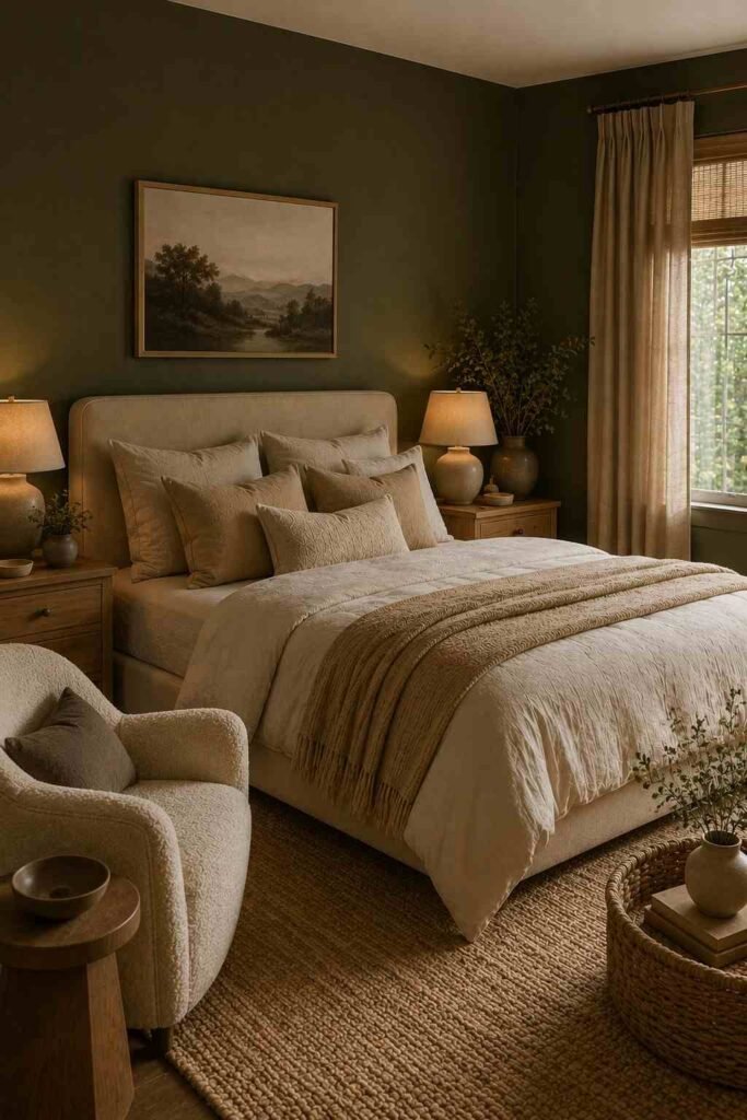 Dark green and beige bedroom with linen bedding, taupe curtains, natural wood, and cozy textures.