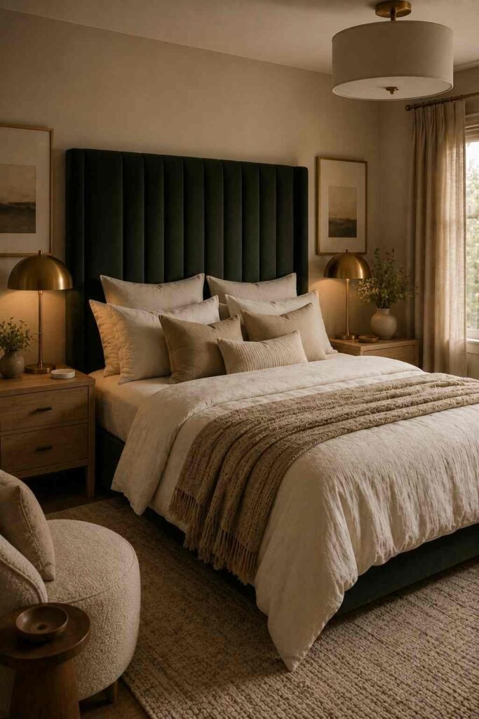 Bedroom with a tall dark green upholstered headboard, cream bedding, wood nightstands, and brass lamps.