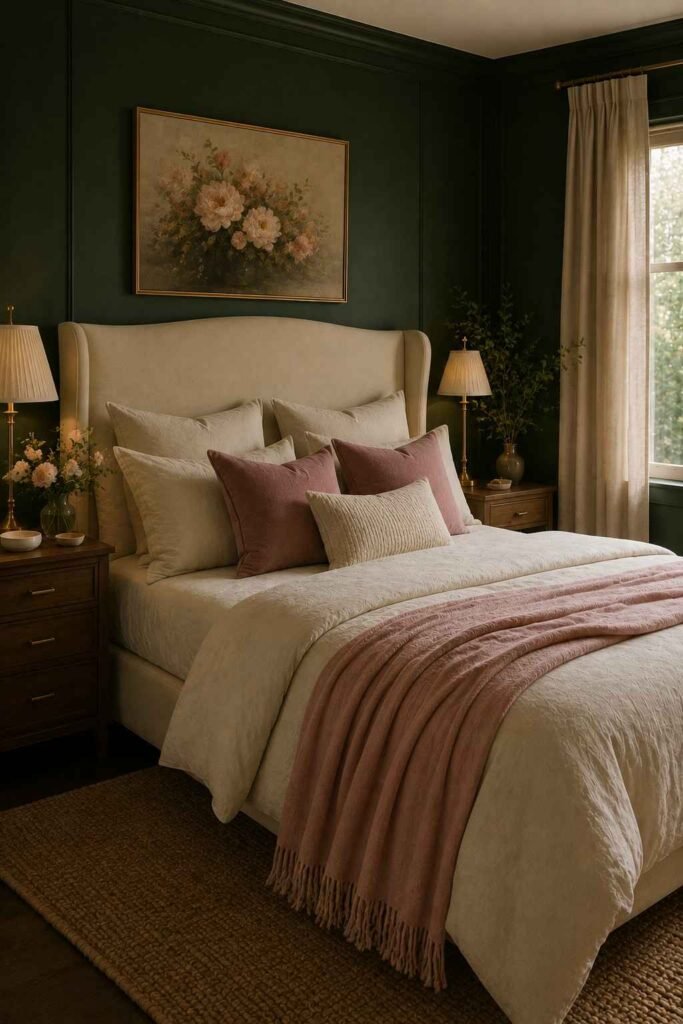 Dark green bedroom with blush pink accents, cream bedding, brass lighting, and warm wooden furniture
