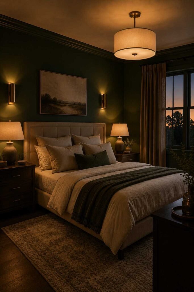 Dark green bedroom with layered warm lighting from bedside lamps, wall sconces, and pendant lights.