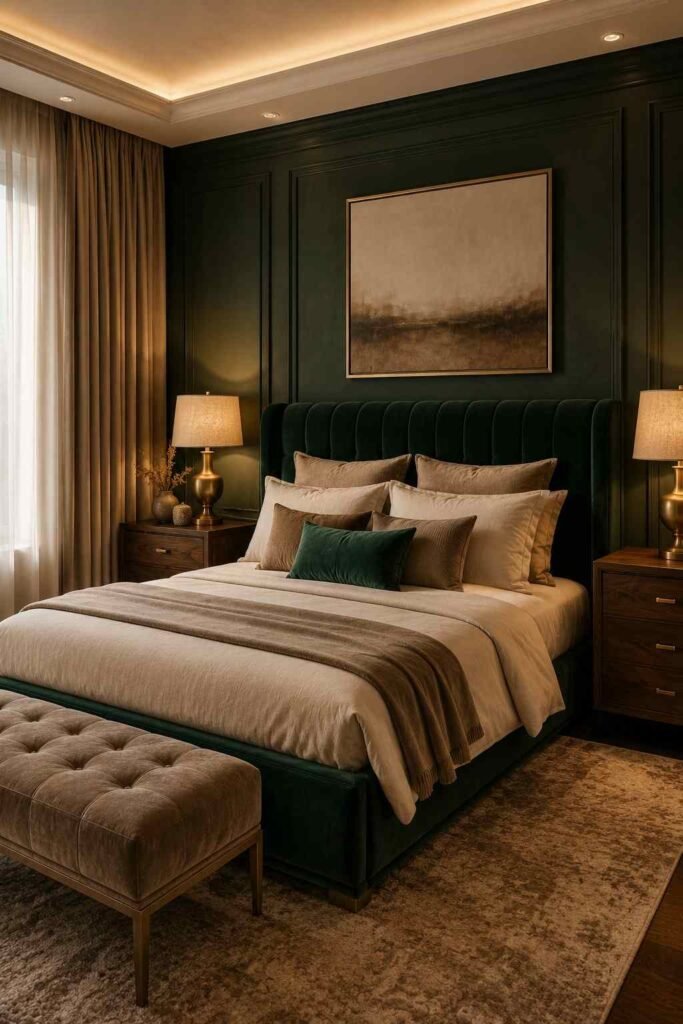 Luxurious dark green bedroom with emerald velvet furniture, cream bedding, walnut furniture, and brass accents.